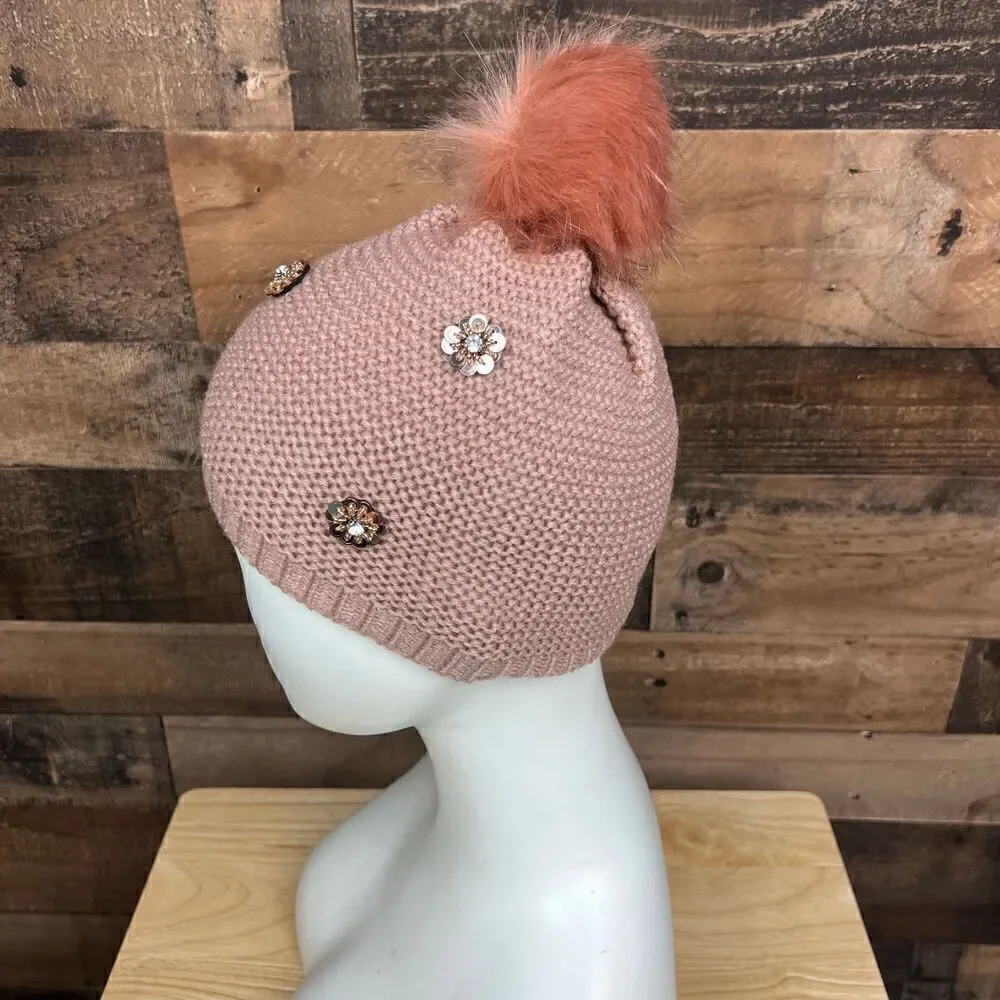 Neiman Marcus Hat Pom Beanie Pink Tan Blush Floral Embellished Bling One Size